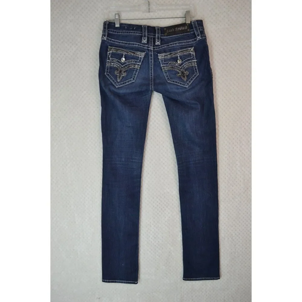 Rock Revival Women's 26 Long Deeka Straight Leg Embellished Stretch Jeans